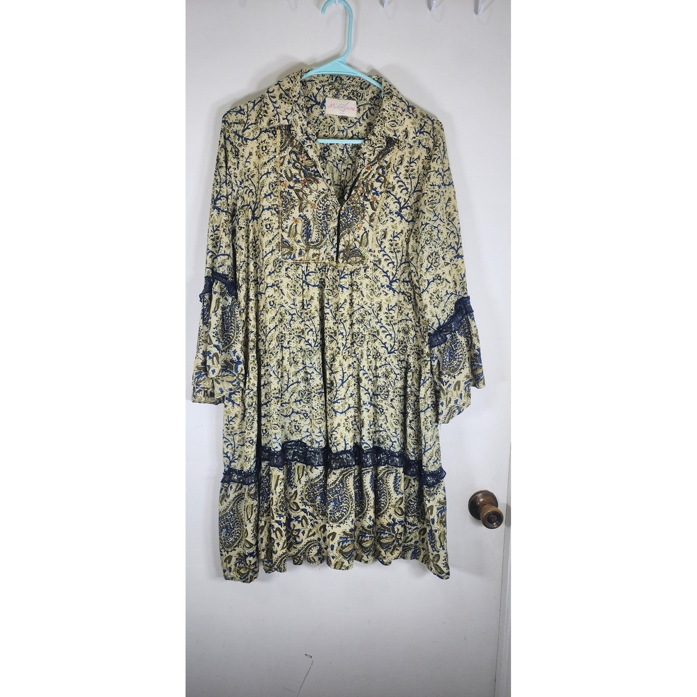 Miss June Paris Boho Paisley Floral Beaded Sequin Bell Sleeve Mini Dress Blue
